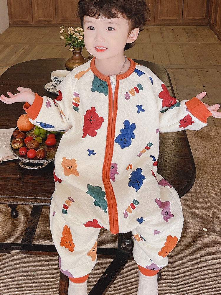 CHILDRENS ONE-PIECE PAJAMAS SPRING AND AUTUMN BOYS BABY LOUNGEWEAR GIRLS WINTER WARMTH MIDDLE AND LARGE CHILDREN LONG SLEEVE KICK-PROOF SLEEPING BAGS