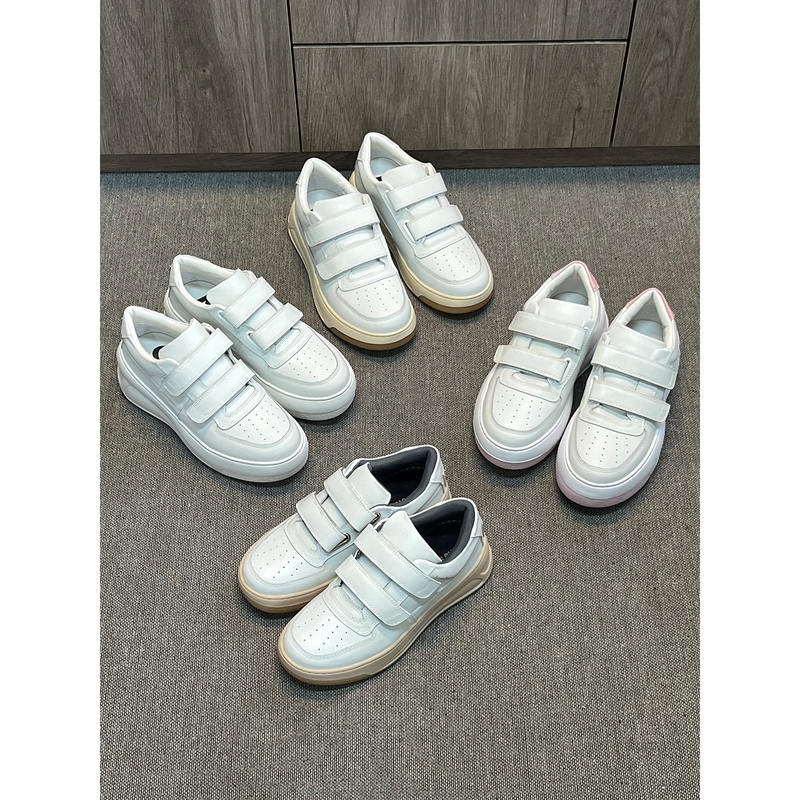 Correct Style Similar to Ma Si Chun's Casual Smiley Face Genuine Leather Velcro Shoes for Women, Height-Increasing Thick-Soled Round-Toe Platform White Shoes