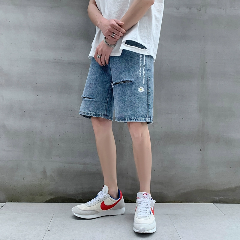 Quần short mùa hè daisy denim nam lỗ thủng thương hiệu Hồng Kông phong cách quần nam thẳng 5 quần 5 điểm xu hướng Hàn Quốc - Quần jean