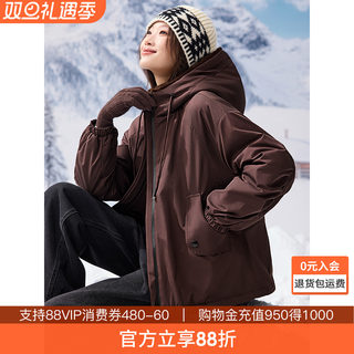 沫晗依美保暖显瘦连帽上衣2025冬季拼接毛帽花苞抽褶下摆工装外套