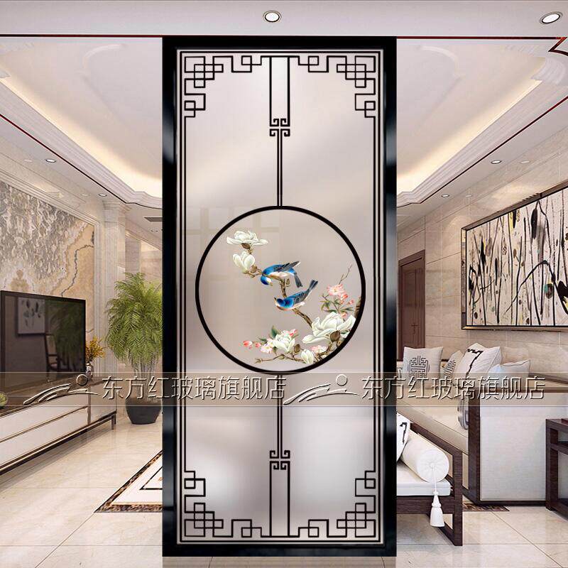 Modern minimal art glass decoration screen partition double side transmitted entry door dry wet distinction separated peach flower