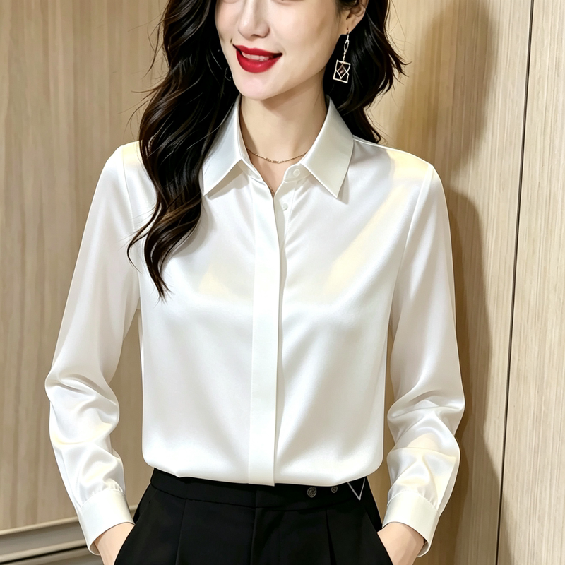 Silk Satin Shirt for Women, Long-Sleeved, 2026 Autumn New Style, Wrinkle-Free, Professional Suit Layering, Mulberry Silk Top
