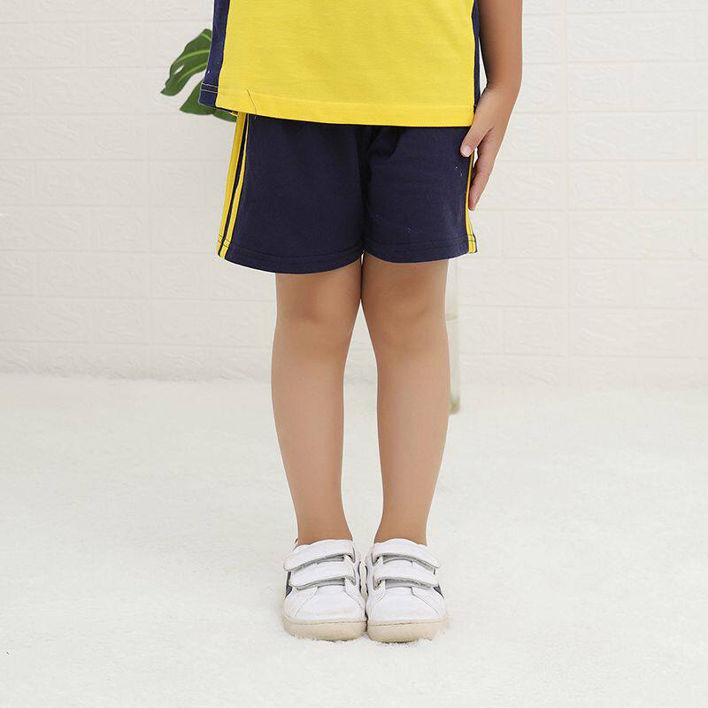 School uniform trousers navy blue yellow edge two bar shorts men and women primary and secondary school students summer thin section yellow strip two bar school pants