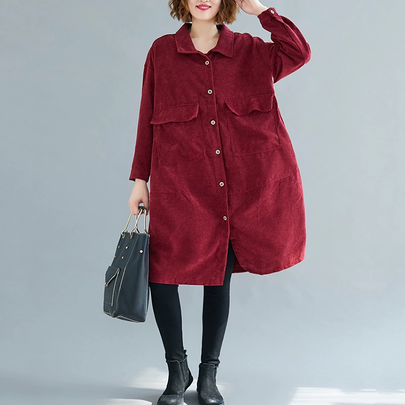 Áo len văn học màu rắn cardigan retro lỏng giữa áo gió dài áo khoác mùa thu mới kích thước lớn quần áo của phụ nữ - Trench Coat