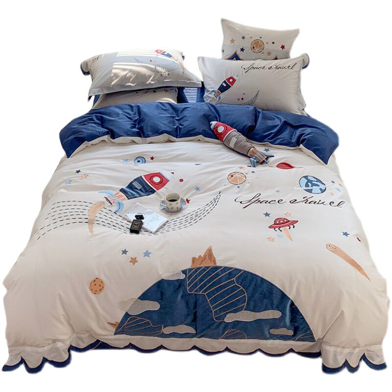 Комплект постельного белья из 100% хлопка с вышивкой для мальчиков, космическая тематика с ракетами, синий цвет, 4 предмета