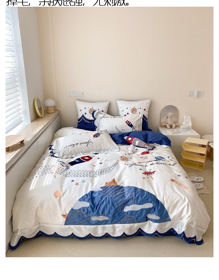 Комплект постельного белья из 100% хлопка с вышивкой для мальчиков, космическая тематика с ракетами, синий цвет, 4 предмета