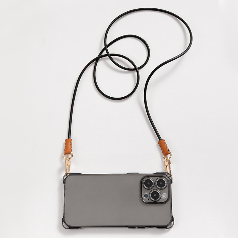 Genuine Leather Lanyard Phone Case with Four-Corner Cutouts, Crossbody Compatible, Suitable for Apple 16 Pro Max, Full Protection, Anti-Drop, 15 Pro/14 Precision Hole Lens Soft Case, Handmade Vintage Black Cowhide Set