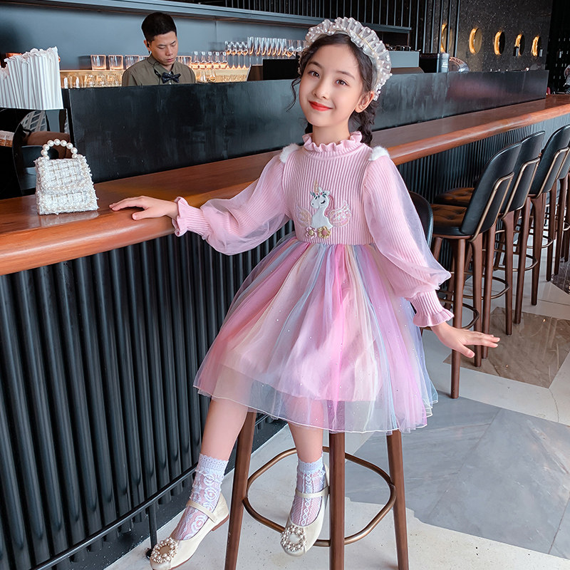 Girls dress spring and autumn dress pony rainbow pony skirt knitted girl spring western style children's princess dress