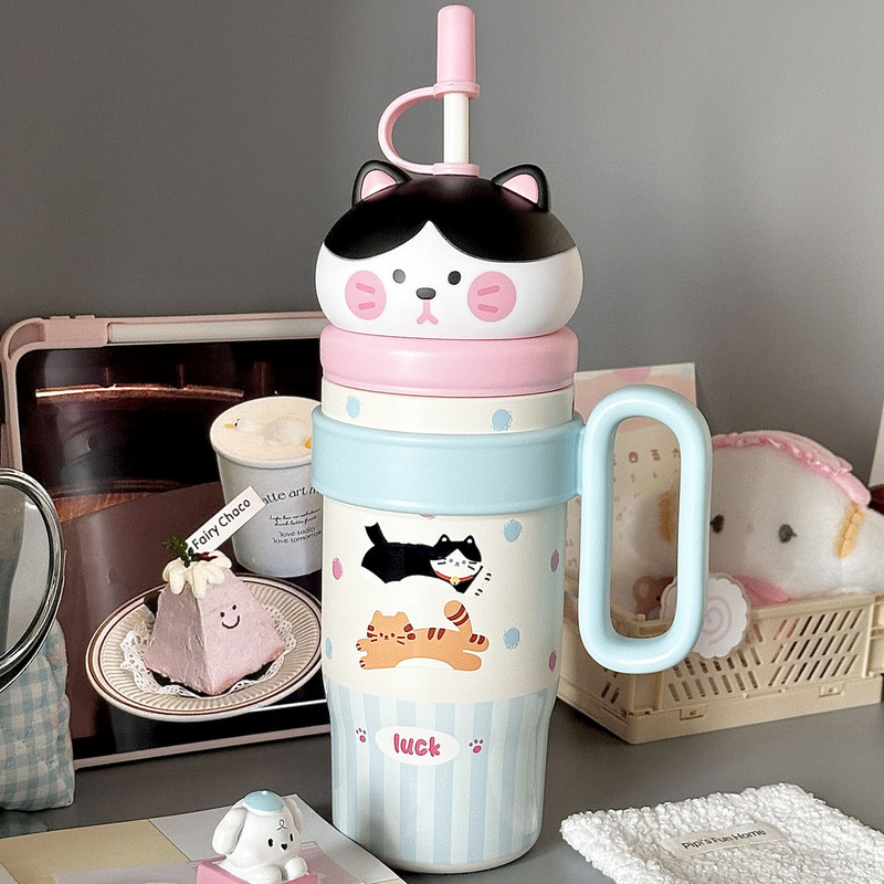 Cute Kitten Giant Thermos Cup 2025 New Model ins Style Large Capacity Straw Water Cup 316 Stainless Steel Cup