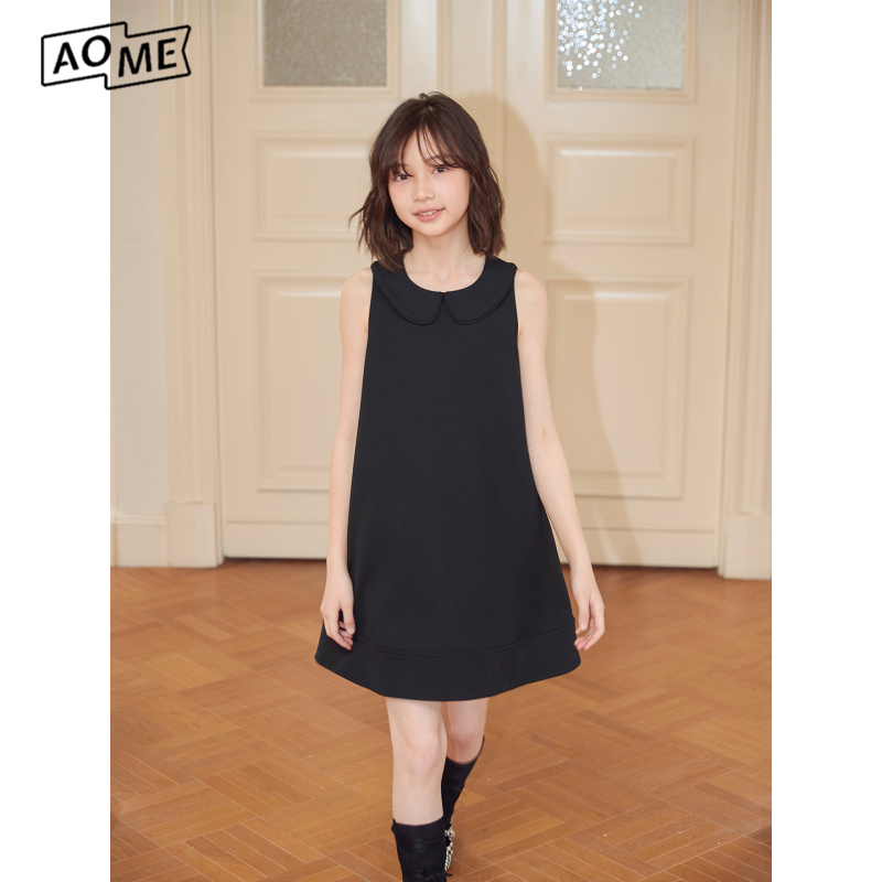Appleofmyeye Girls' College Style Princess Dress Black Doll Collar Birthday Sleeveless Short Dress