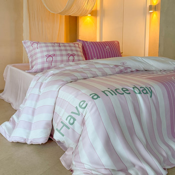 Summer girl pink patchwork plaid bow tencel four-piece cool ice silk bedding set