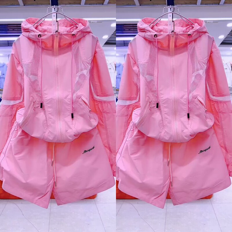 Casual Candy-Colored Sun Protection Suit 2025 Summer New Style Mesh Embroidered Hooded Jacket Shorts Sports Two-Piece Set Casual Candy-Colored Sun Protection Suit 2025 Summer New Style Mesh Embroidered Hooded Jacket Shorts Sports Two-Piece Set