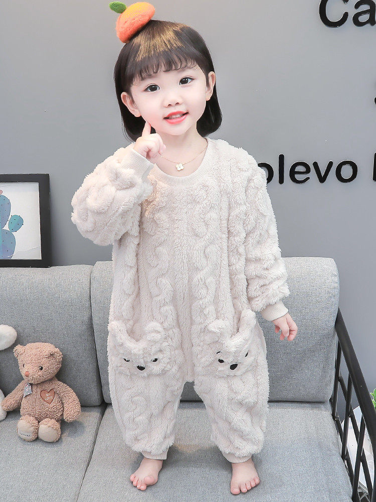 BABY CHILDRENS ONESIES FLANNEL AUTUMN AND WINTER PAJAMAS BABY GIRLS ANTI-COLD SLEEPING BAGS CHILDRENS CRAWLING CLOTHES DOUBLE THICKENING