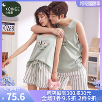 Couple pajamas summer cotton womens sleeveless vest mens cotton silk thin section cute summer two-piece home service suit