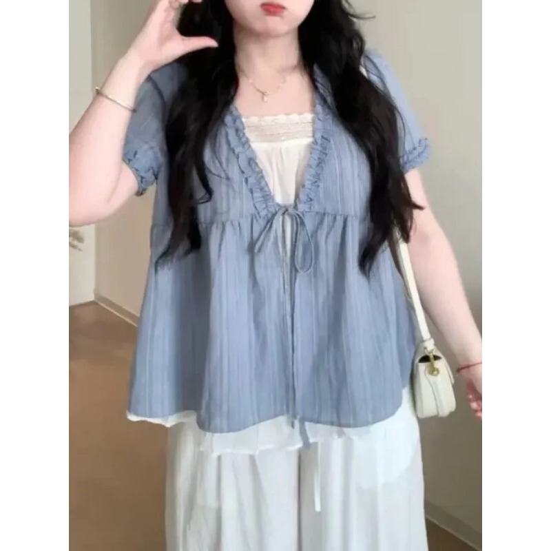 Plus-Size Women's Faux Two-Piece V-Neck Short-Sleeve Shirt, Summer Ruffled Loose Fit, Slimming Versatile Babydoll Top, Trendy Plus-Size Women's Faux Two-Piece V-Neck Short-Sleeve Shirt, Summer Ruffled Loose Fit, Slimming Versatile Babydoll Top, Trendy