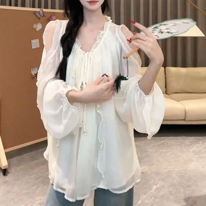 Plus-Size French-Style Fashionable Versatile Tie-Up Off-Shoulder Long-Sleeve Sun-Protective Shirt for Women, Summer Vacation Style, Loose-Fitting Slimming Top, Trendy Plus-Size French-Style Fashionable Versatile Tie-Up Off-Shoulder Long-Sleeve Sun-Protective Shirt for Women, Summer Vacation Style, Loose-Fitting Slimming Top, Trendy