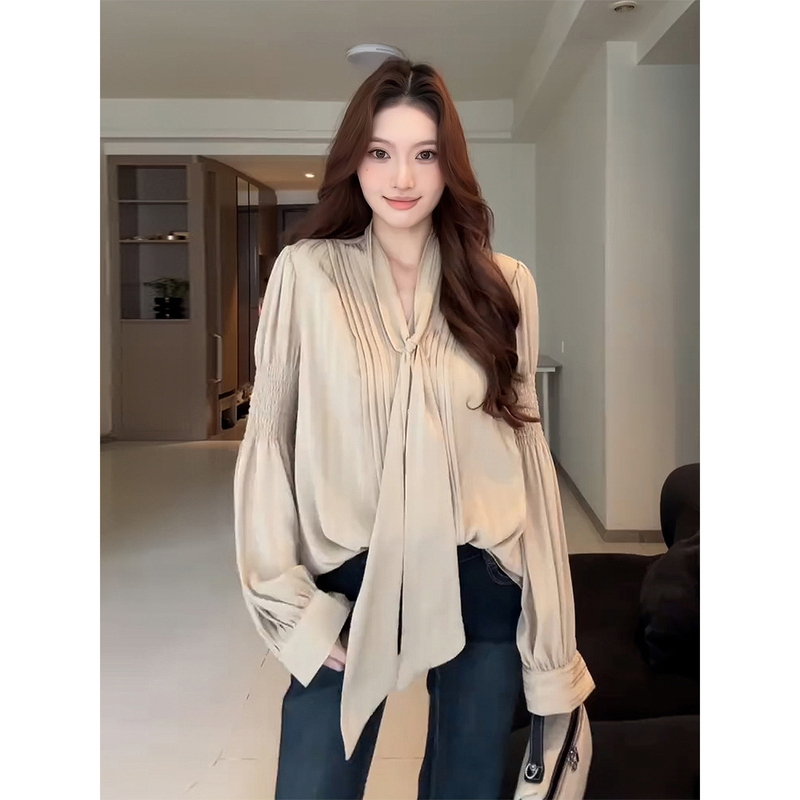 Autumn Lantern Sleeve V-Neck Versatile Top Plus Size for Chubby Women French Gentle Style Bow Tie Ribbon Shirt Trendy