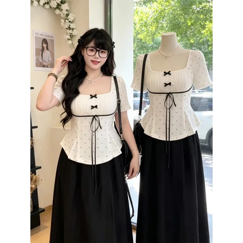 Plus Size Women's Clothing, Pure and Sexy Style, Square Neck, Polka Dot, Waist-Cinching Shirt for Women, New Summer Style, Super Pretty and Beautiful Top