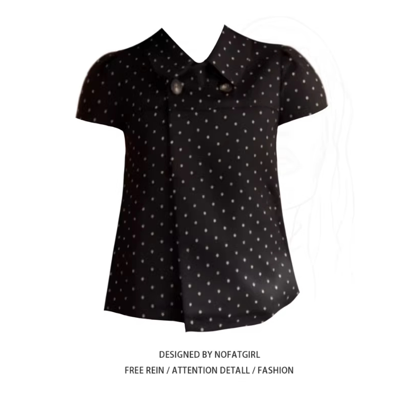 Summer 2026 Stylish Double-Breasted Retro Short-Sleeve Shirt, Plus-Size Korean-Style Lapel with Polka Dot Design, Trendy Top Summer 2026 Stylish Double-Breasted Retro Short-Sleeve Shirt, Plus-Size Korean-Style Lapel with Polka Dot Design, Trendy Top