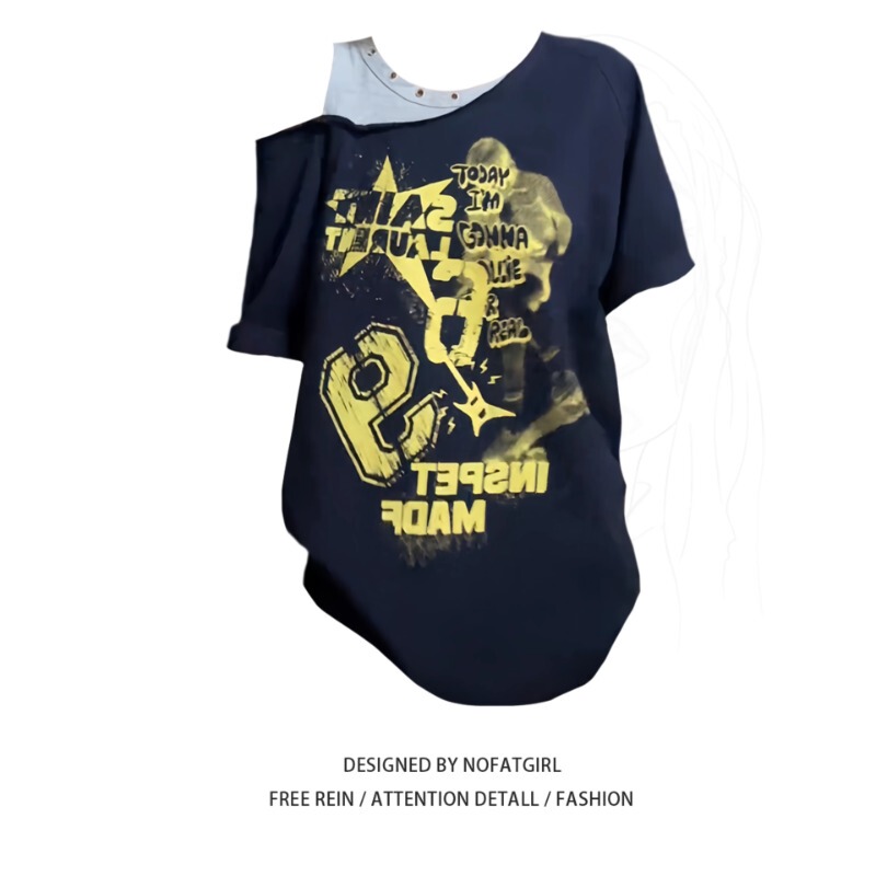 Plus Size Fat Girl American Retro Short-Sleeved T-Shirt Summer Patchwork Design Oversize Loose Slimming Top for Women