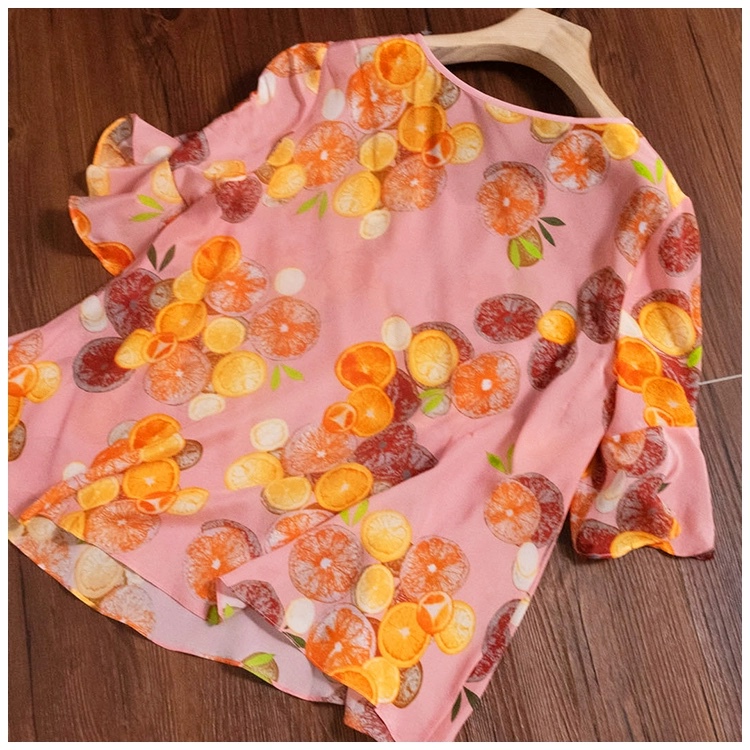Refreshing Feel, Fruit Print, Silk Crepe De Chine, V-Neck, Ruffled Sleeves, Loose and Comfortable Short-Sleeved Top Shirt