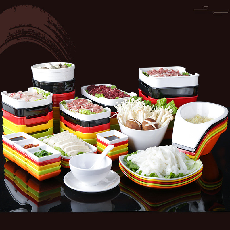 Melamine hot pot barbecue tableware layer plate commercial dining plate Creative vegetable side dish skewer plate Plastic plate