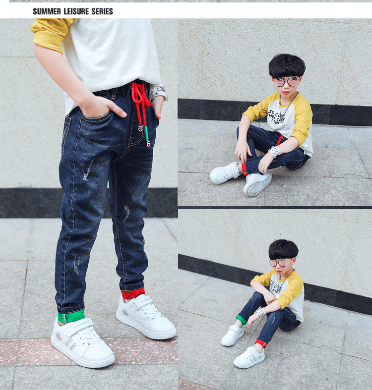 Quần jeans nam xuân hè 2018 phiên bản Hàn Quốc mới của mùa đông mặc quần lửng ống rộng trẻ em quần trẻ em cộng với quần nhung quần jean trẻ em xuất khẩu
