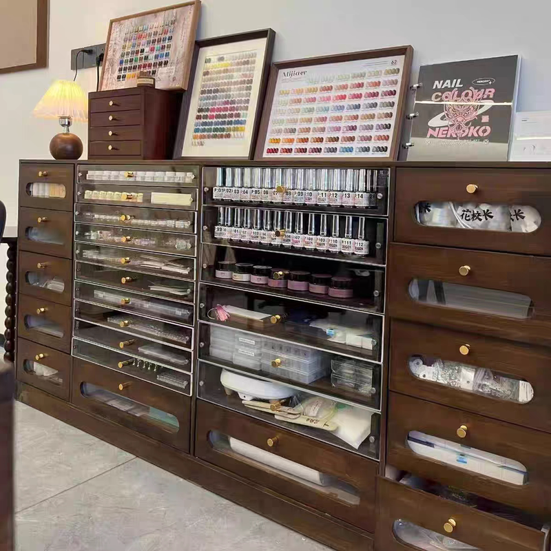 Vintage Solid Wood Nail Salon Display Cabinet, Antique-Style Cabinet, Nail Polish Gel Cabinet, Floor-Standing Cabinet, Nail Polish Color Board Storage Cabinet
