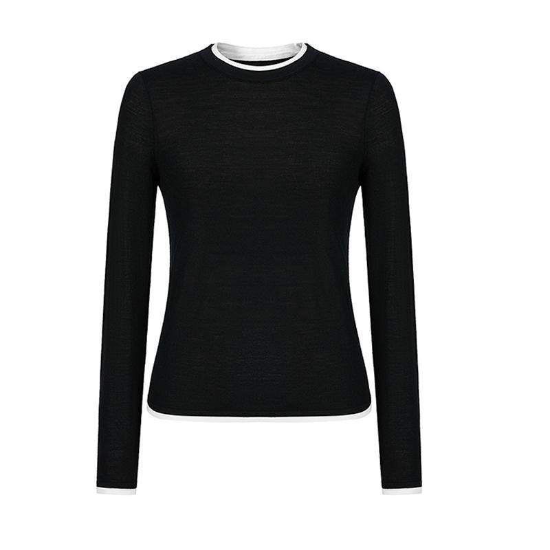 Jwfc31021 Jz Jiuzi 2025 Spring Black and White Contrast Color Round Neck Pure Wool Knitted Sweater with All Labels 1380
