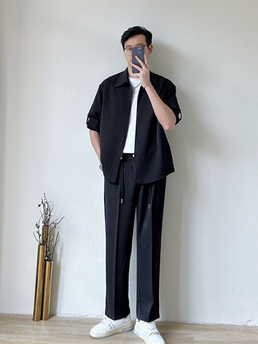 Летняя тонкая шелковая рубашка, мужской комплект, штаны, оверсайз, свободный прямой крой