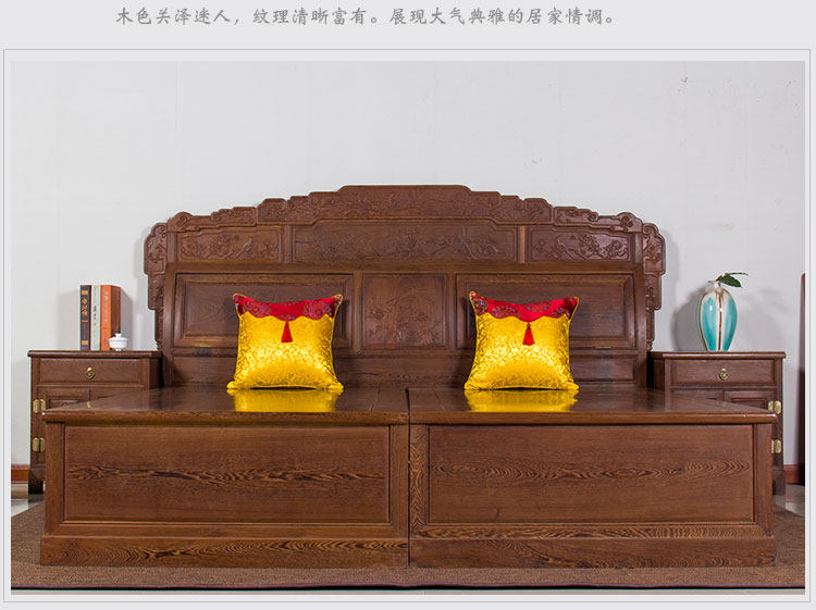 Красный кровати 红木家具高低床实木仿古床榻中式婚床鸡翅木花鸟大床双人床卧室储