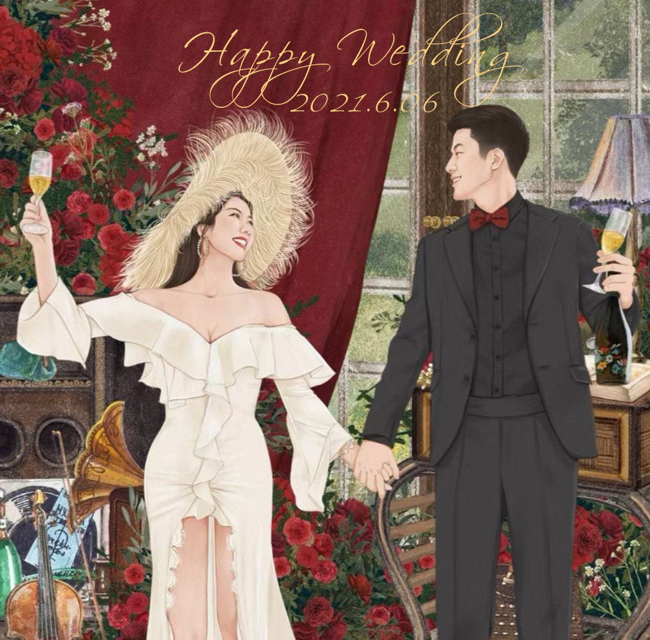 CTROウェディング |結婚式の写真、リアルな手描きの結婚式招待状、ダニーの絵画の背景を持つ2人へのギフト招待状