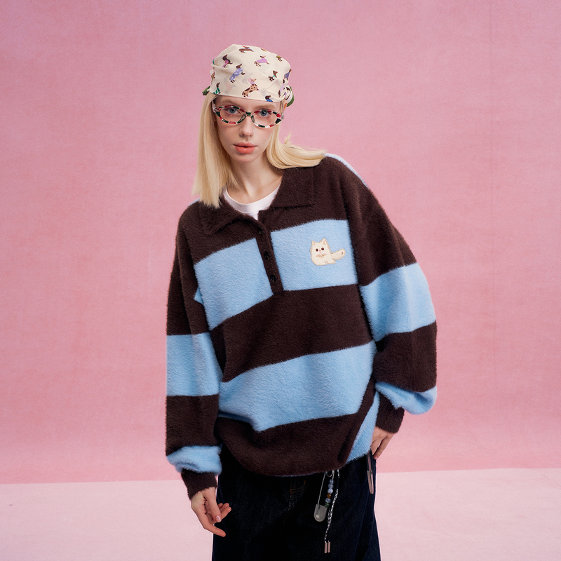 Suamoment Cat Striped Lapel Sweater for Men and Women, Winter Loose Casual Polo Collar Knit Top