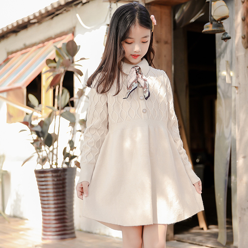 Mid-length version of all-match girls' sweater dress 2021 spring and autumn new temperament children's bottoming sweater children's dress