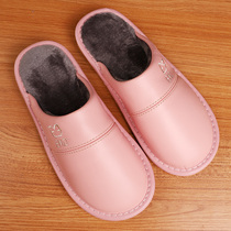 Home Winter Genuine Leather Cotton Slippers Mens Non-slip Indoor Home Lovers Warm and Soft Bottom Bull Fur Slippers female winter