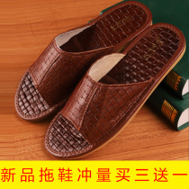 Headlayer Bull Leather Indoor Upscale Slippers Old Genuine Leather Slippers summer Men and women Home lovers cool slippers through the head