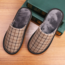 Autumn and winter plaid cotton linen bag head slippers female indoor home home non-slip soft bottom couple fabric four seasons