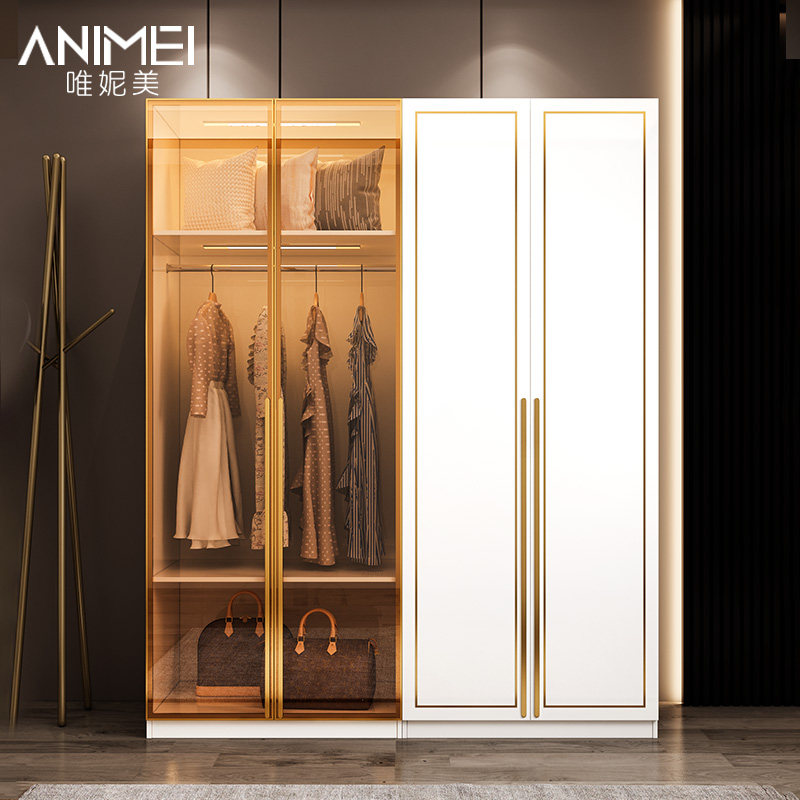 (New Product) Light Extravagant Wardrobe Mix Small Household Type Glass Large Closet Home Modern Minimalist Bedroom Children Cupboard