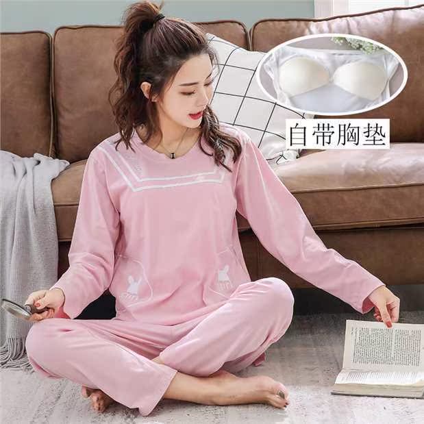 Bộ đồ công chúa tự dập nổi với bộ đồ ngủ độn ngực nữ mùa thu cotton dài tay áo lót rộng bộ đồ ngủ