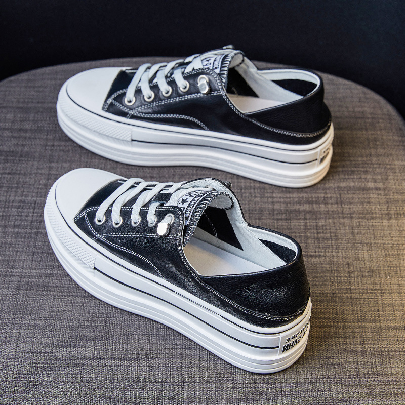 Genuine Leather Flat White Sneakers for Women 2026 New Style Platform Shoes Thick-Soled Height-Increasing Canvas Black Shoes Slip-On Two-Way Wear Genuine Leather Flat White Sneakers for Women 2026 New Style Platform Shoes Thick-Soled Height-Increasing Canvas Black Shoes Slip-On Two-Way Wear