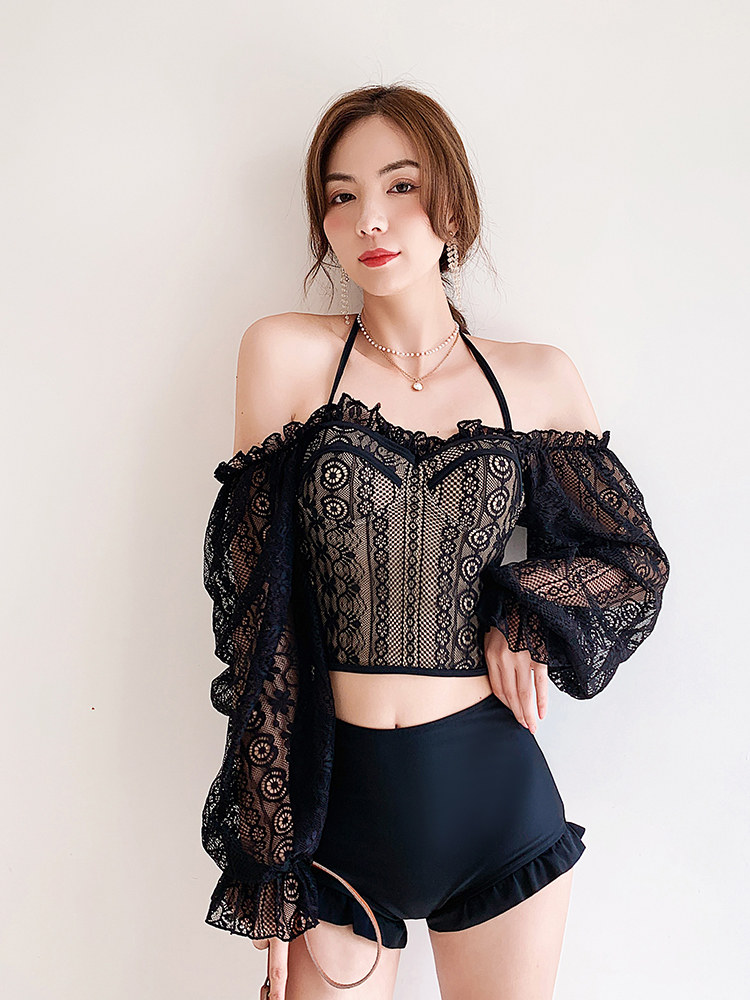 2021 new net red ruffle thin chest gathered word collar two-piece long-sleeved lace bikini swimsuit women