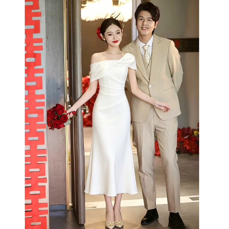 White Engagement Evening Dress for Women, French Style 2026 New Model, High-End Feel, White Dress for Marriage Registration, Coming-Of-Age Ceremony, Birthday