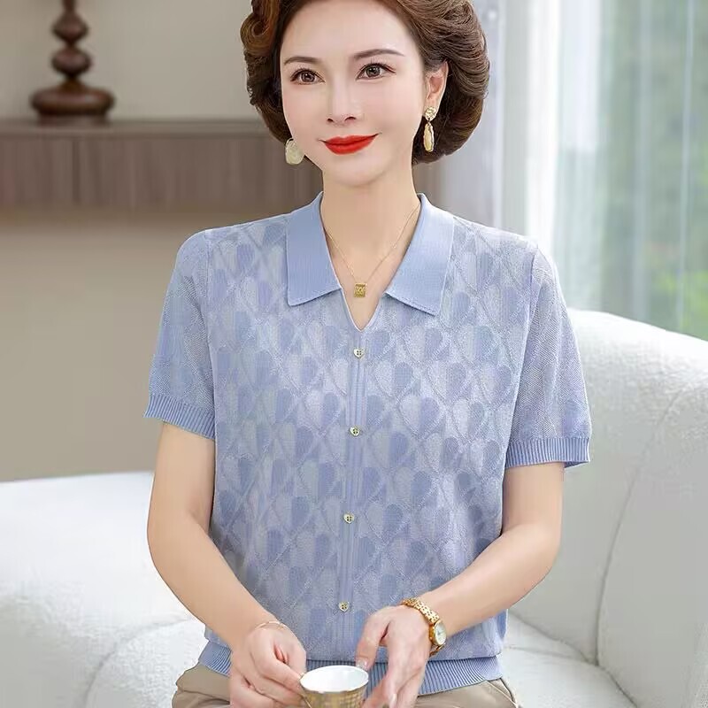 Fashionable Summer Collared Short-Sleeve Knitted T-Shirt for Moms, Stylish Top for Middle-Aged Women, Ice Silk Loose-Fitting Undershirt