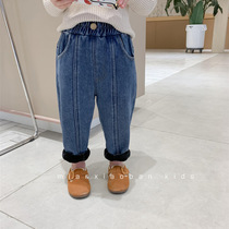 Girls thick jeans 2021 autumn and winter clothes New Foreign style children one velvet casual pants baby plus velvet pants