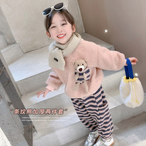 Girls winter suit 2021 New Korean version of foreign-style childrens thick sweater baby plus velvet two-piece cashmere