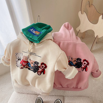 Girls cartoon plus velvet sweater 2021 autumn and winter Korean childrens clothing female baby hooded childrens casual thick top