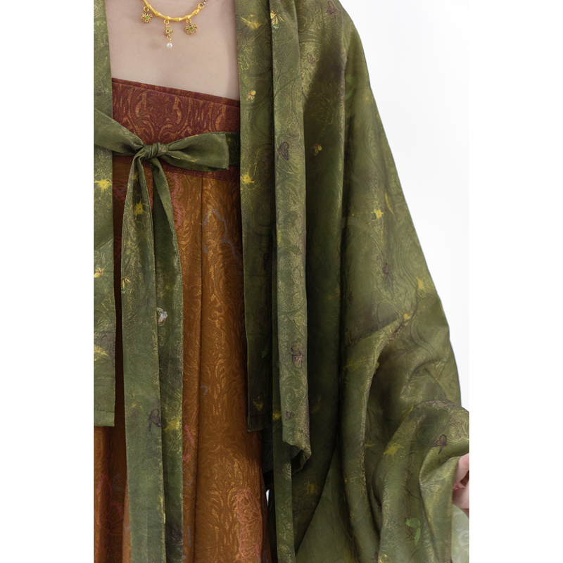 Songjiu·Golden Wind and Jade Dew, Orange-Green Glittering Brocade, Kaifeng Temple Style, Mid-Calf Length Skirt, Tang Dynasty Style Hanfu Set, Autumn Songjiu·Golden Wind and Jade Dew, Orange-Green Glittering Brocade, Kaifeng Temple Style, Mid-Calf Length Skirt, Tang Dynasty Style Hanfu Set, Autumn