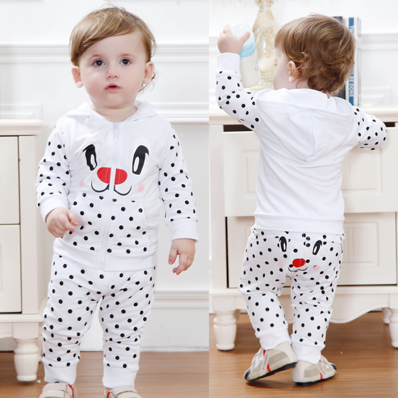 2022 new baby boy suit spring and autumn coat pure cotton polka dot white sweater two-piece set children's Korean style cool