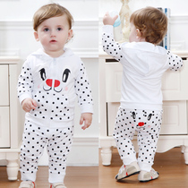 2020 new male baby suit spring and autumn jacket pure cotton polka dot white sweater two-piece set childrens Korean version of the cool
