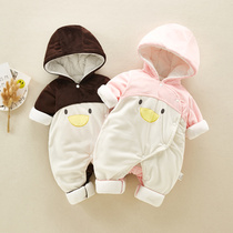 Newborn baby coral velvet padded cotton one-piece clothes Winter baby warm coat plus velvet thickened outside wear autumn and winter clothes